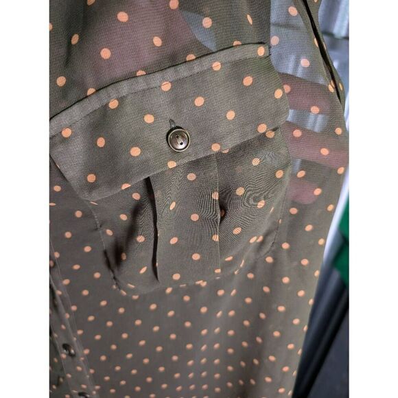 Pleione S (Nordstrom) Olive Green W/Tan  Polka Dot Pattern Buttom Up Blouse Wome - Picture 5 of 8